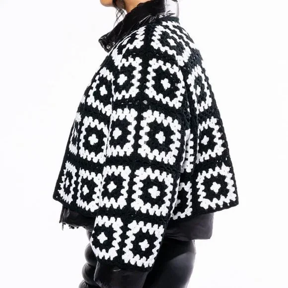 Miz Puffer Crochet: Detachable Contrast Knit Cardigan Vinyl Winter Coat L XL - Picture 6 of 17